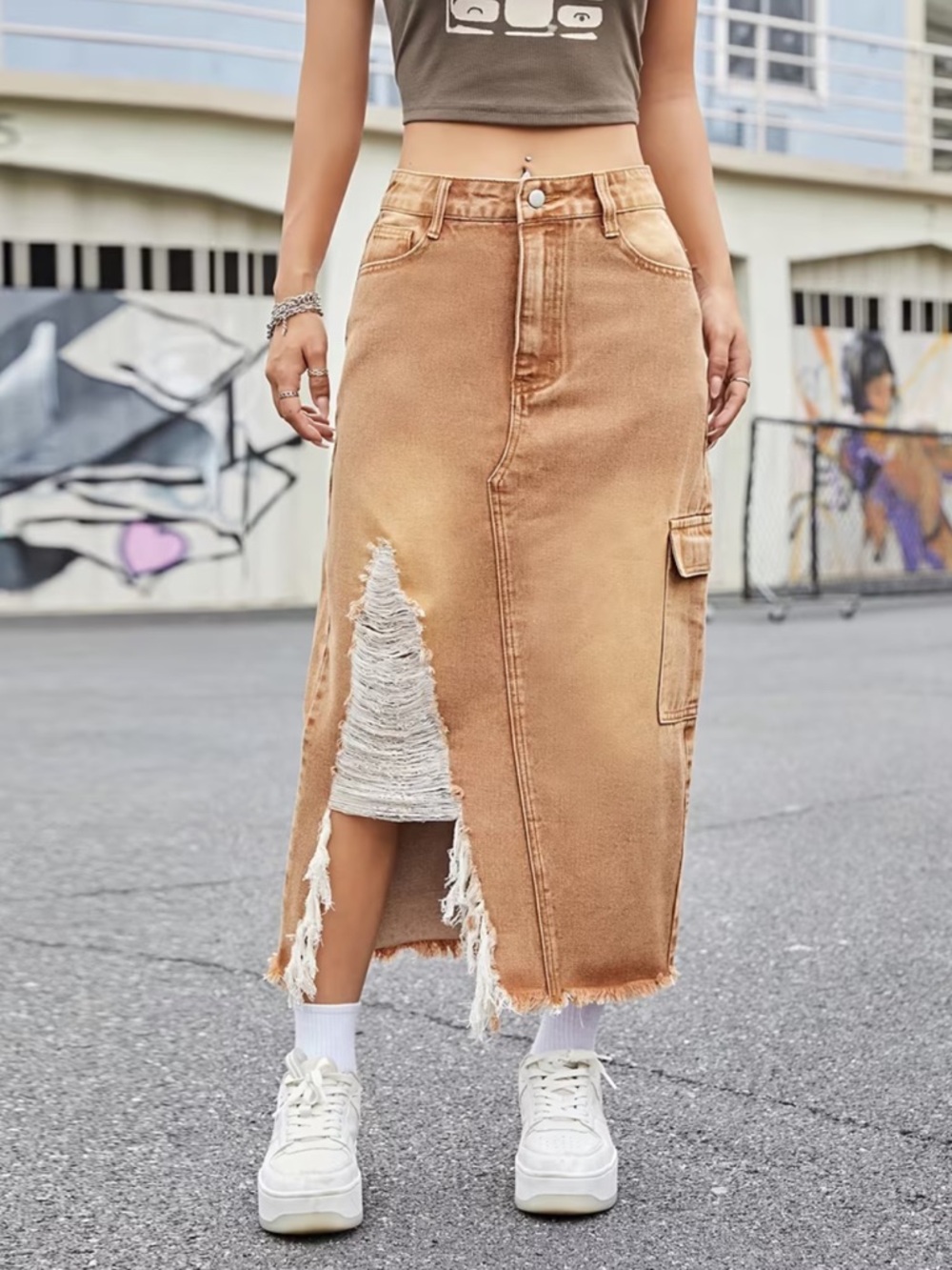 New Distressed Washed Denim Midi Skirt